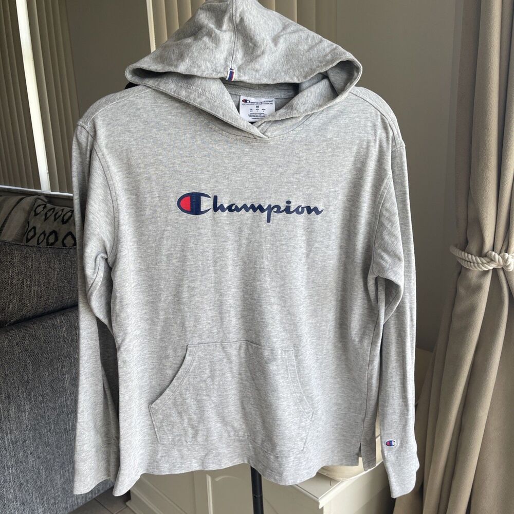 Champion Men’s Hoodie Gray Pullover Script Logo  Kangaroo Pocket M